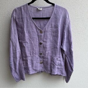 Clio Women's Button Down V-Neck Linen Casual Top Purple Long Sleeve Lightweight